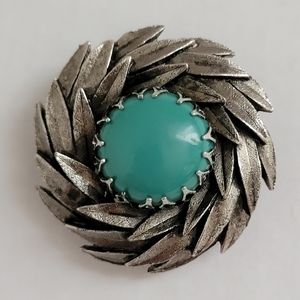 Vintage Silvertone Brooch with Leaves Wreath Around A Faux Turquoise.